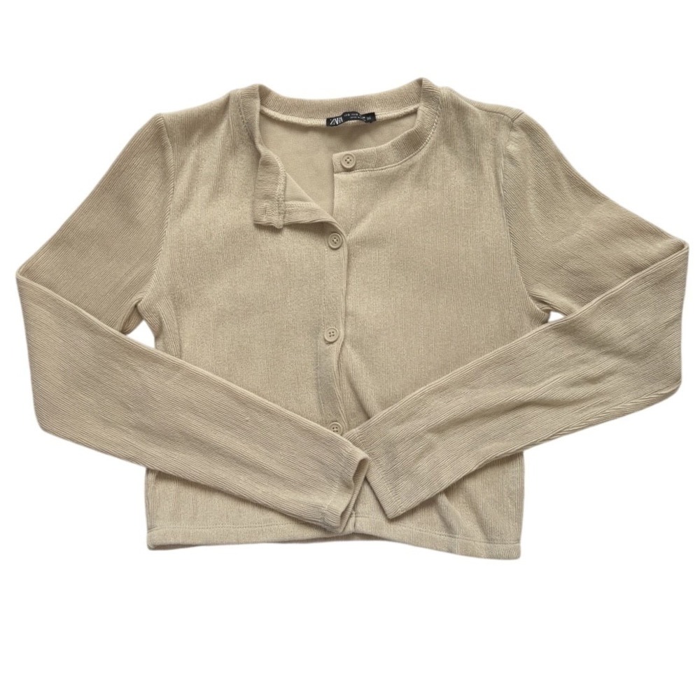 Zara Cardigan‎ Sweater Womens Small Tan Ribbed Cropped Boho Long Sleeve Casual